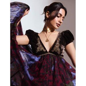 NWT Free People Colette Floral Mix Velvet Beaded Tie Back Maxi Dress sz 2 /885